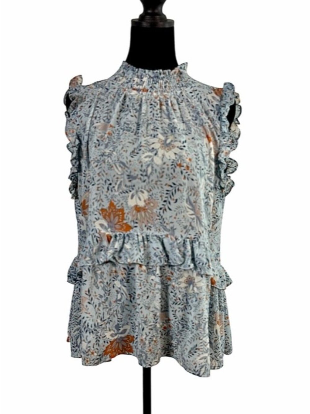 Hayden Los Angeles Light Blue Cottagecore Floral Ruffle Sleeveless Blouse Size L